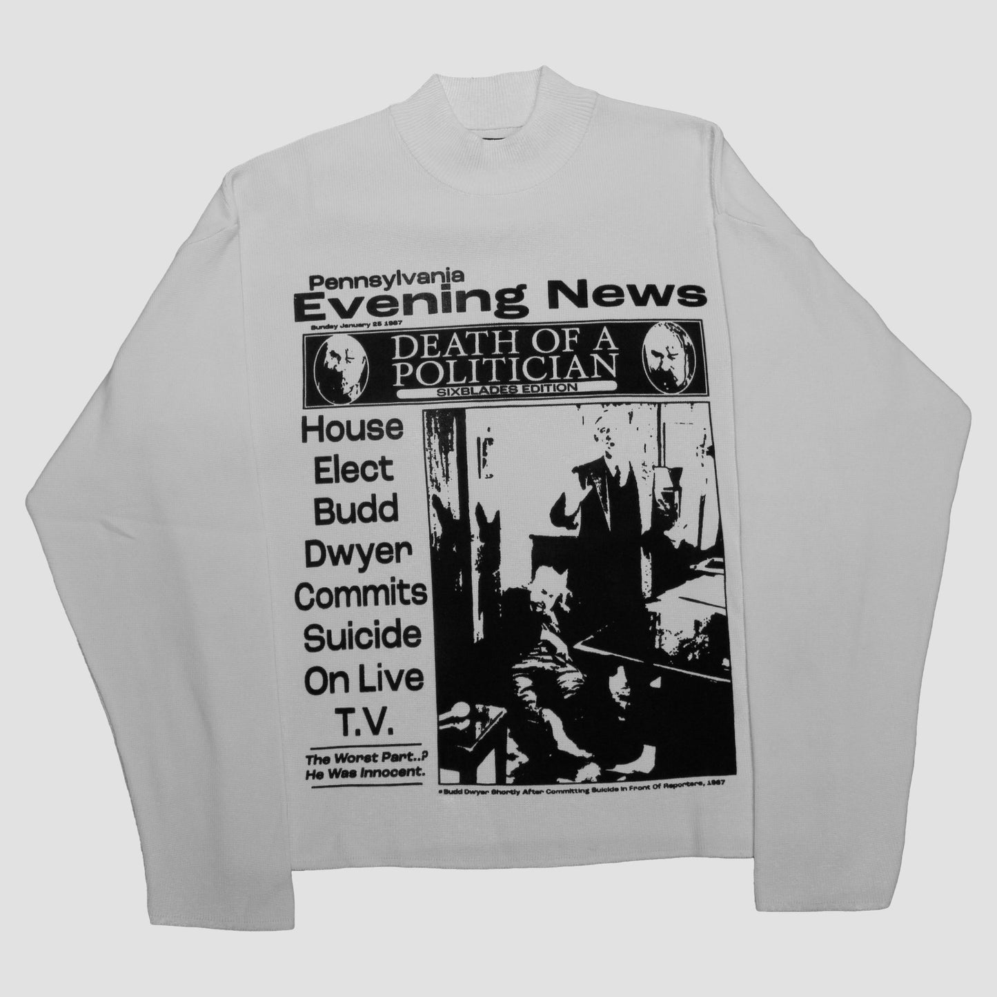 "PENNSYLVANIA EVENING NEWS//DIE LIKE DWYER" Heavyweight Turtleneck Sweater (L)